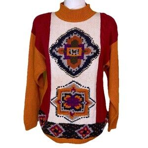 Vintage Women’s Mustard Boho Southwestern‎ Aztec Geometric Chunky Knit Sweater M